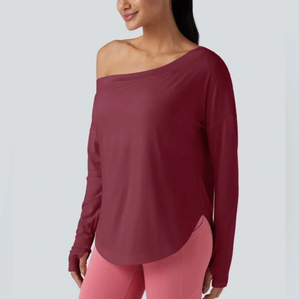 NWT Halara One Shoulder Long Sleeve Thumb Hole Curved Hem High Low Top XL - Picture 2 of 14